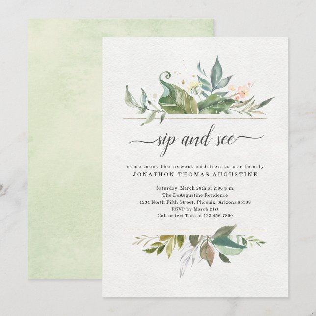 Watercolor Floral Sip & See Invitation (Front/Back)