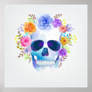 Watercolor floral skull illustration poster