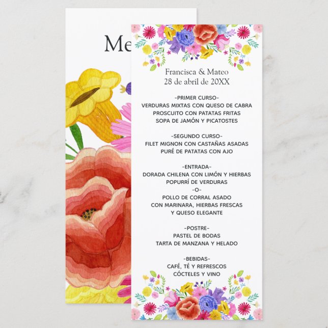 Watercolor Floral Spanish Fiesta Wedding Menu (Front/Back)