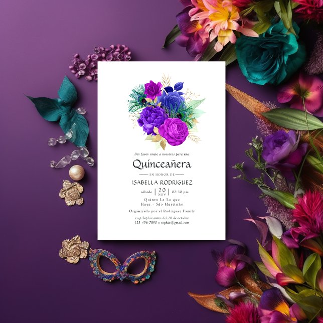 Watercolor Floral Spanish Mardi Gras Quinceañera Invitation (Creator Uploaded)