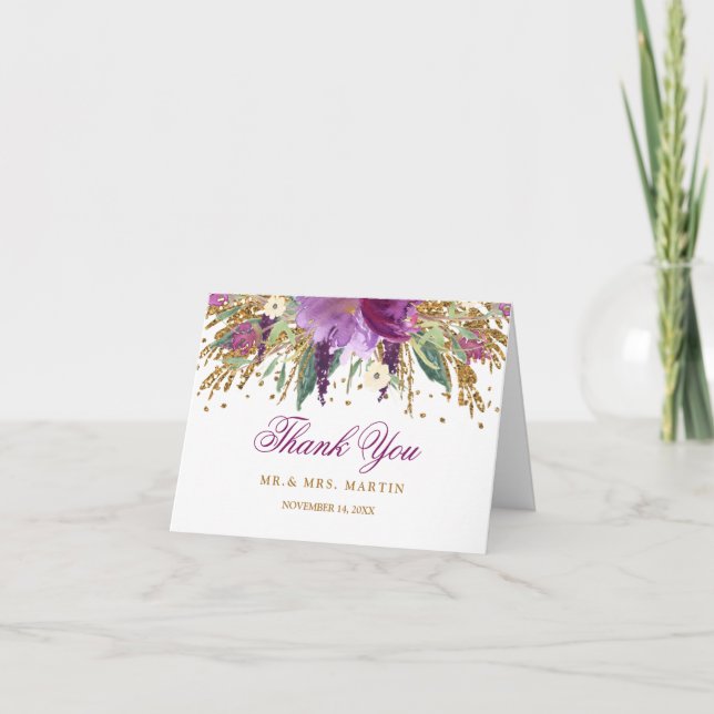 Watercolor Floral Sparkling Amethyst Thank You Card (Front)