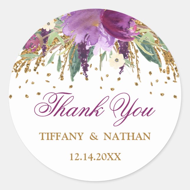 Watercolor Floral Sparkling Amethyst Wedding Classic Round Sticker (Front)