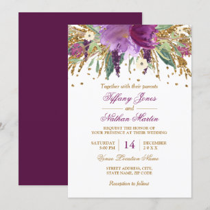 Watercolor Floral Sparkling Amethyst Wedding Invitation
