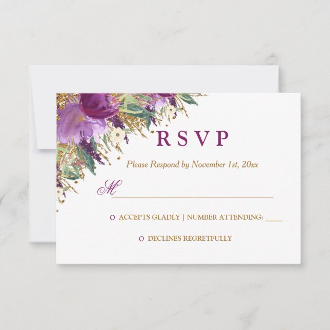 Watercolor Floral Sparkling Amethyst Wedding RSVP Card (Front)