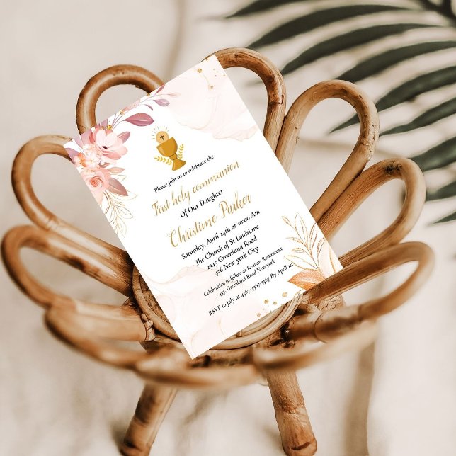 Watercolor floral splash first holy communion  invitation (Creator Uploaded)