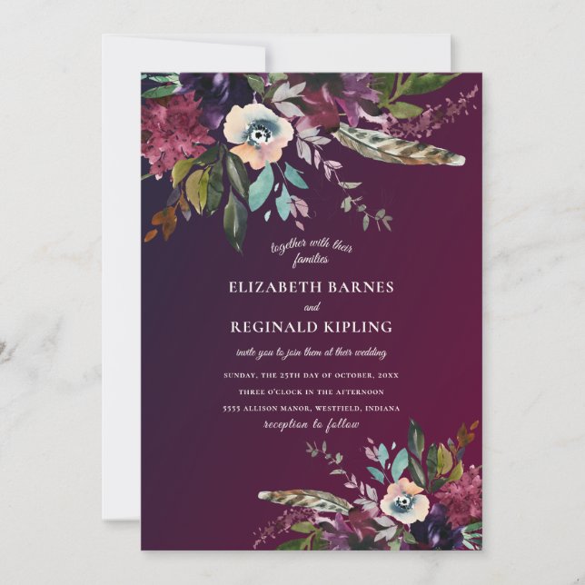 Watercolor Floral Sprays Burgundy Wash Wedding Invitation (Front)