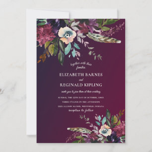 Watercolor Floral Sprays Burgundy Wash Wedding Invitation