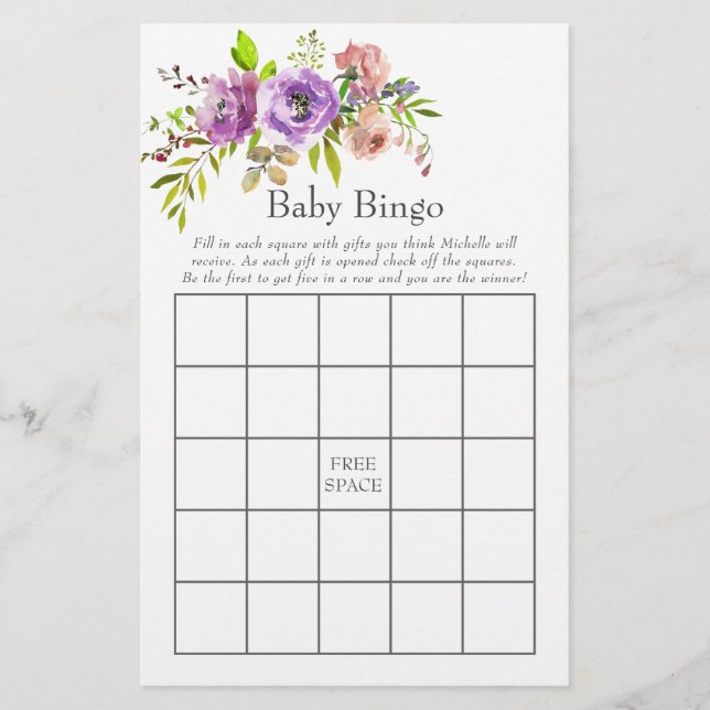 Watercolor Floral Spring Baby Shower Bingo (Front)