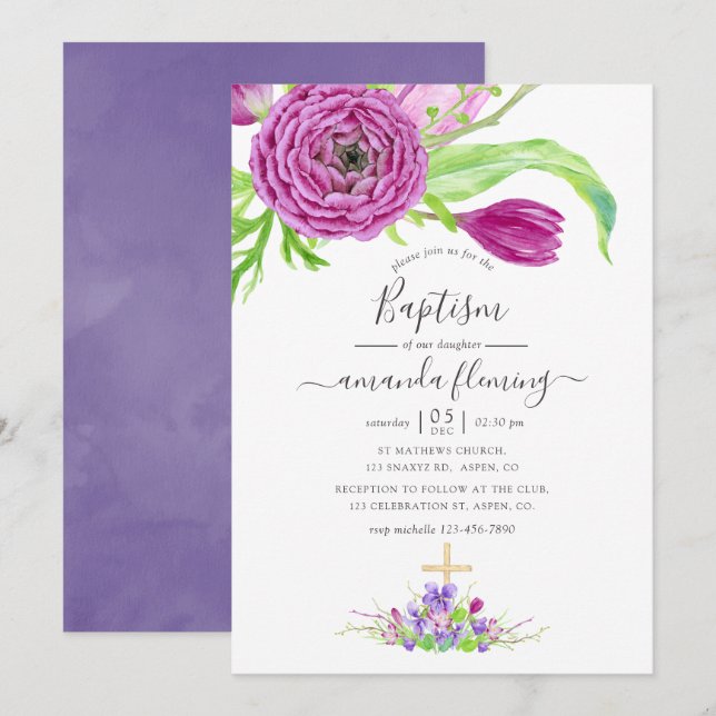 Watercolor Floral Spring Baptism Invitation (Front/Back)