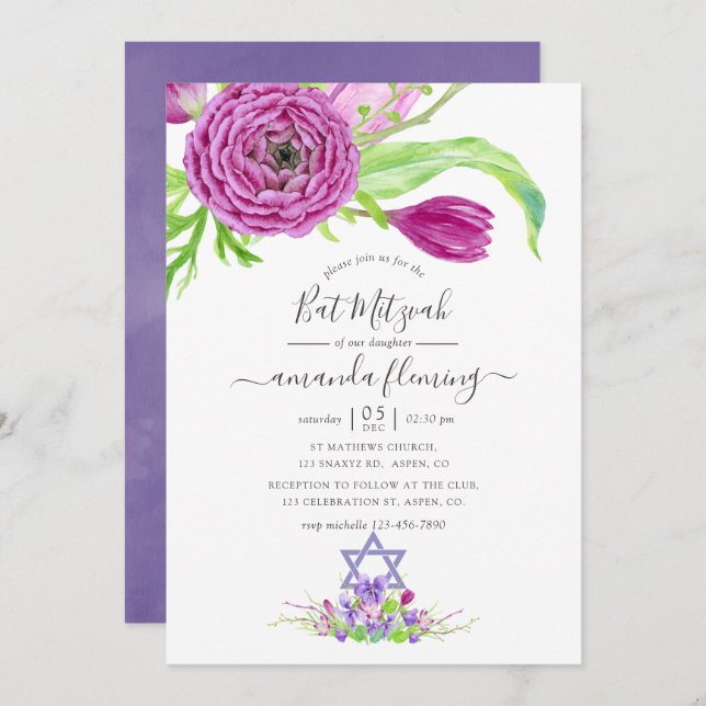 Watercolor Floral Spring Bat Mitzvah Invitation (Front/Back)