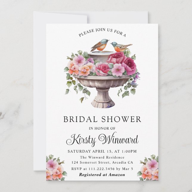 Watercolor Floral Spring Bird Bath Bridal Shower Invitation (Front)