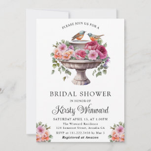 Watercolor Floral Spring Bird Bath Bridal Shower Invitation