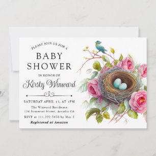 Watercolor Floral Spring Bird Nest Baby Shower Invitation