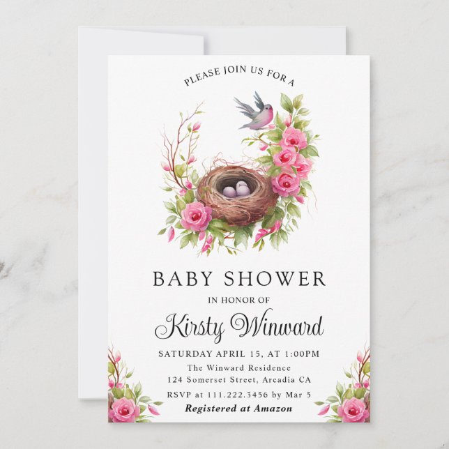 Watercolor Floral Spring Bird Nest Baby Shower Invitation (Front)