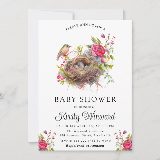 Watercolor Floral Spring Bird Nest Baby Shower Invitation (Front)