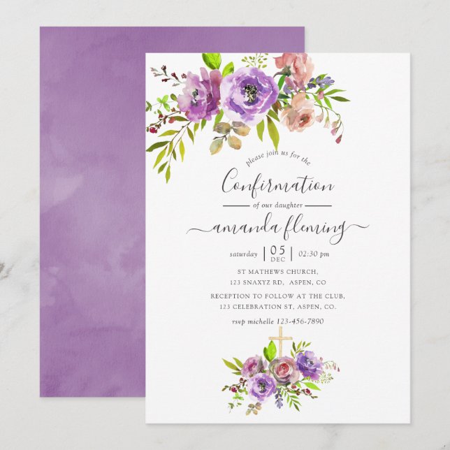 Watercolor Floral Spring Confirmation Invitation (Front/Back)