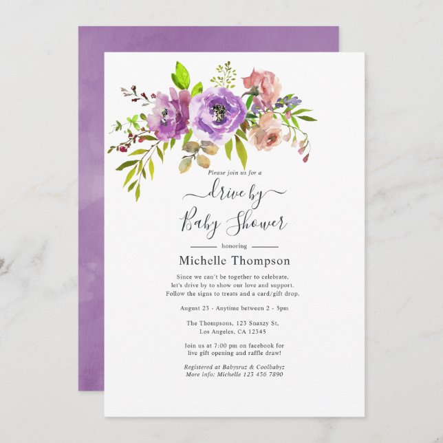 Watercolor Floral Spring Drive By Shower Invitation (Front/Back)