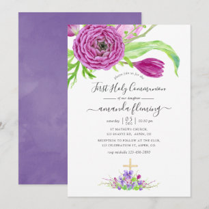 Watercolor Floral Spring First Holy Communion Invitation