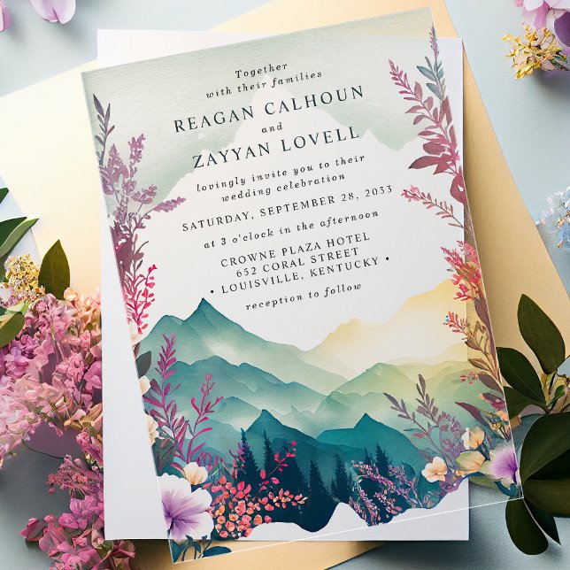 Watercolor Floral Spring Mountains Wedding Acrylic Invitations (Creator Uploaded)