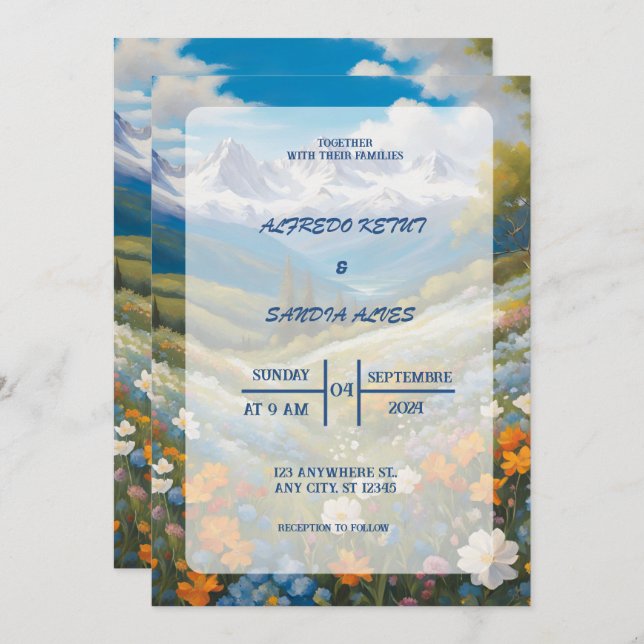 Watercolor Floral Spring Mountains Wedding  Invitation (Front/Back)