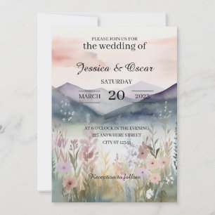 Watercolor Floral Spring Mountains Wedding Invitation