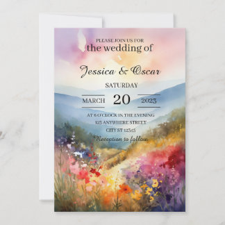 Watercolor Floral Spring Mountains Wedding Invitation