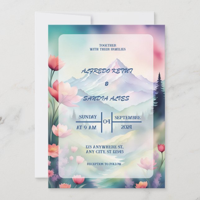 Watercolor Floral Spring Mountains Wedding  Invitation (Front)