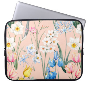 Watercolor floral spring pattern, botanical illust laptop sleeve
