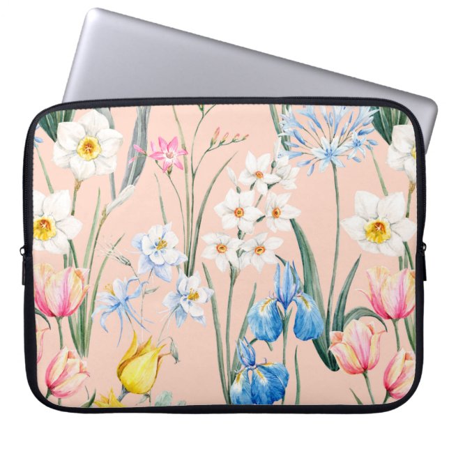 Watercolor floral spring pattern, botanical illust laptop sleeve (Front)