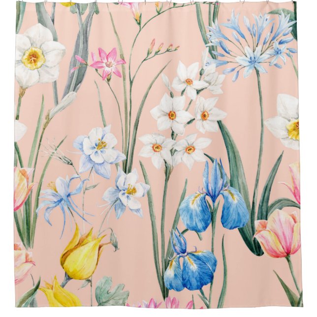 Watercolor floral spring pattern, botanical illust shower curtain (Front)