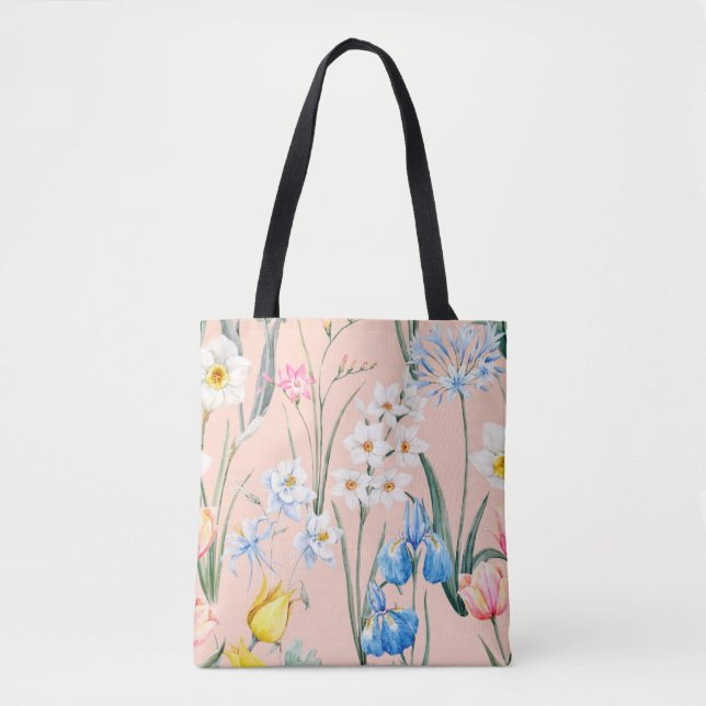 Watercolor floral spring pattern, botanical illust tote bag (Front)