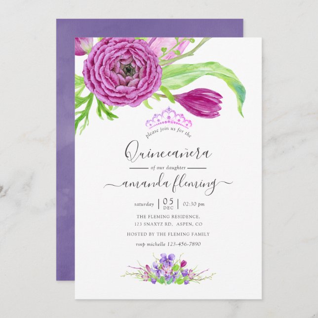 Watercolor Floral Spring Quinceañera Invitation (Front/Back)