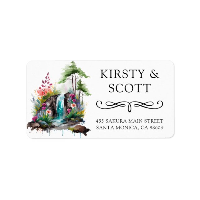 Watercolor Floral Spring Waterfall Wedding Address Label (Front)