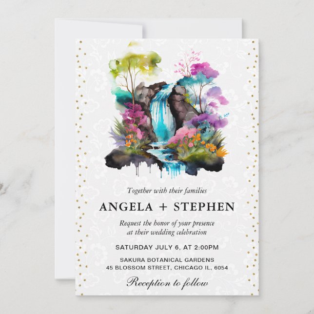 Watercolor Floral Spring Waterfall Wedding Invitation (Front)