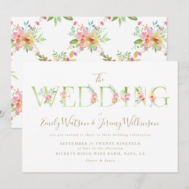 Watercolor Floral Spring Wedding Invitation (Front/Back)