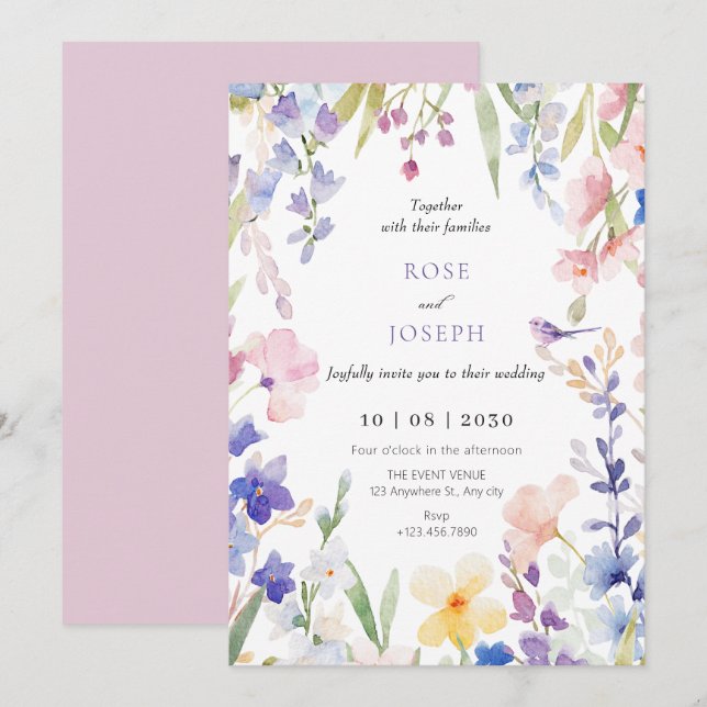 Watercolor floral spring wedding invitation (Front/Back)