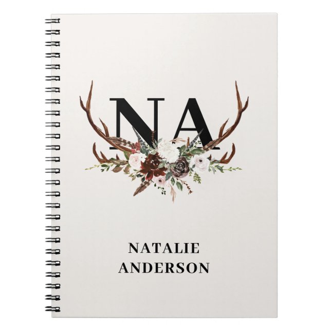 Watercolor floral stag antlers fall rustic  notebo notebook (Front)
