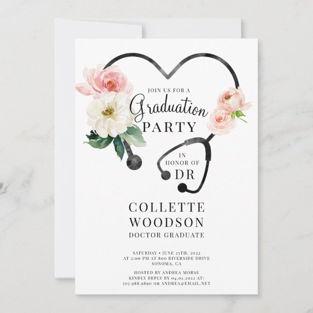 Watercolor Floral Stethoscope Doctor Graduation  Invitation (Front)