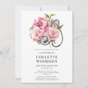 Watercolor Floral Stethoscope Doctor Graduation  Invitation