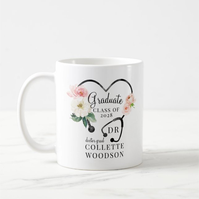 Watercolor Floral Stethoscope Nurse Graduation  Coffee Mug (Left)
