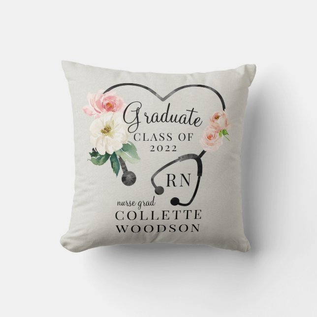 Watercolor Floral Stethoscope Nurse Graduation Cushion (Front)