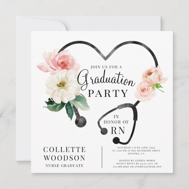 Watercolor Floral Stethoscope Nurse Graduation Invitation (Front)