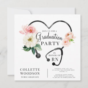 Watercolor Floral Stethoscope Nurse Graduation Invitation