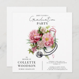 Watercolor Floral Stethoscope Nurse Graduation  Invitation