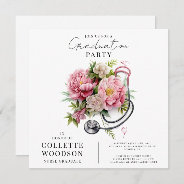 Watercolor Floral Stethoscope Nurse Graduation  Invitation (Front/Back)
