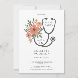 Watercolor Floral Stethoscope Nurse Graduation Invitation