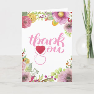 Watercolor Floral Stethoscope Nurse Thank You Card