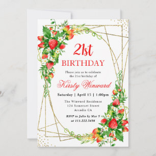 Watercolor Floral Strawberries Frame 21st Birthday Invitation