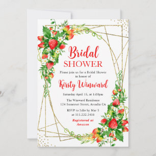 Watercolor Floral Strawberries Frame Bridal Shower Invitation