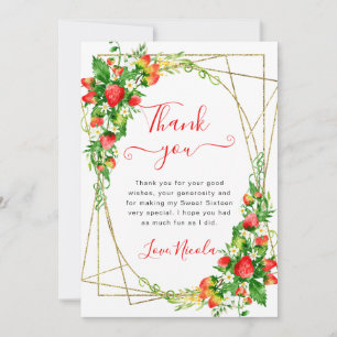 Watercolor Floral Strawberries Frame Sweet 16 Thank You Card